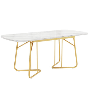 Athéna | Table de salle à manger extensible, plateau effet marbre blanc, pieds acier doré