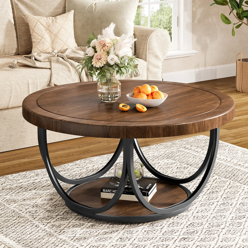 Ronde | Table basse ronde en bois avec étagère, structure métallique noire