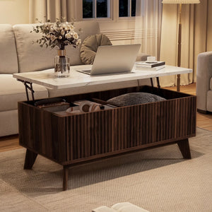 Ascension | Table basse relevable effet marbre et chêne clair, rangement intégré, 105x84x42 cm