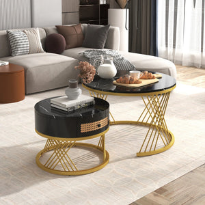 Duo Rotin | Duo de tables basses rondes effet marbre et rotin, tiroirs bois