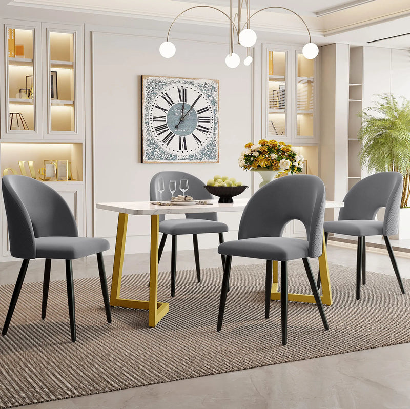 Diamant | Ensemble table rectangulaire et 4 chaises velours gris, piquage losange
