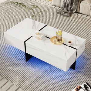Aurore | Table basse bicolore effet marbre blanc et noir, LED connectée, 3 tiroirs