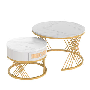 Duo Rotin | Duo de tables basses rondes effet marbre et rotin, tiroirs bois
