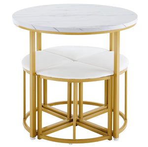 Compacte | Ensemble table ronde blanche 80cm et 4 chaises velours, pieds dorés