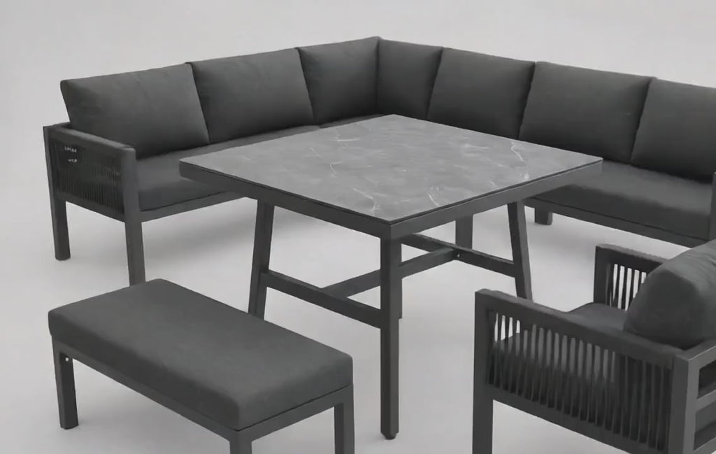 Panorama | Salon de jardin en L pour 8 personnes, coussins gris