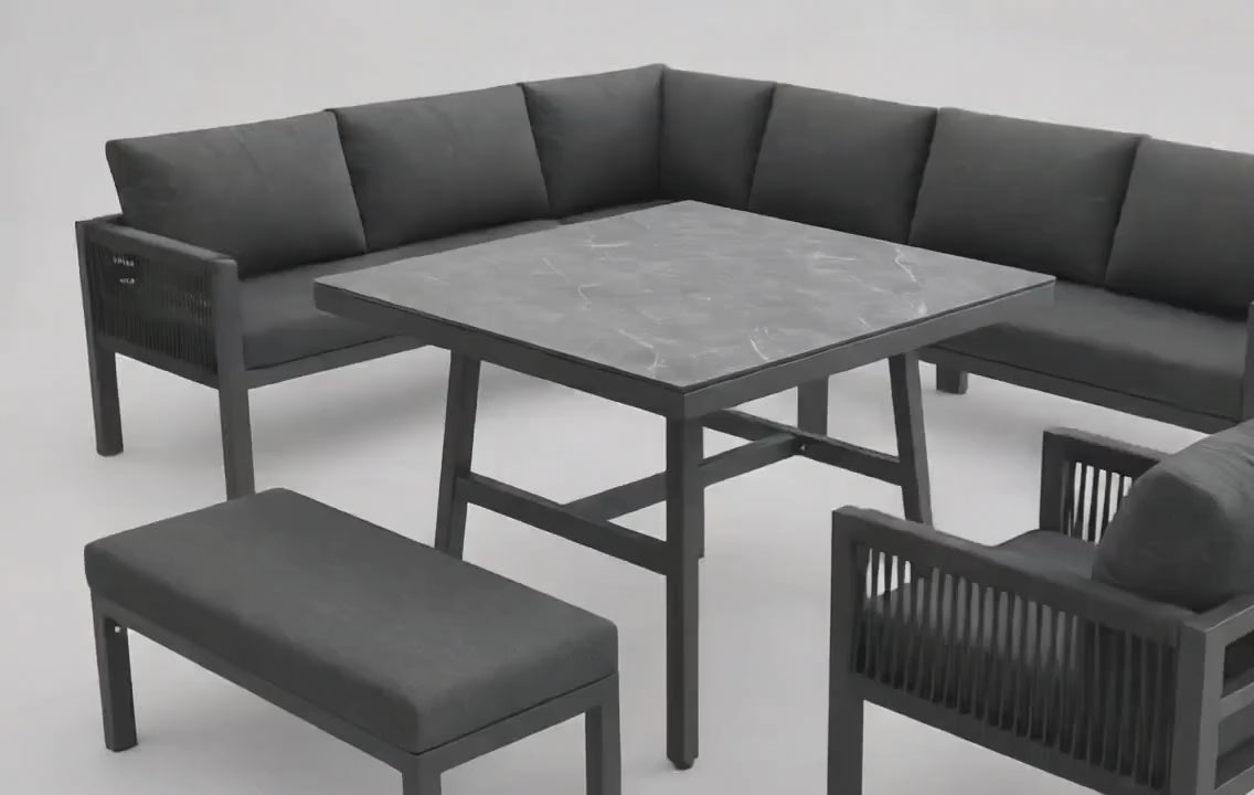 Panorama | Salon de jardin en L pour 8 personnes, coussins gris